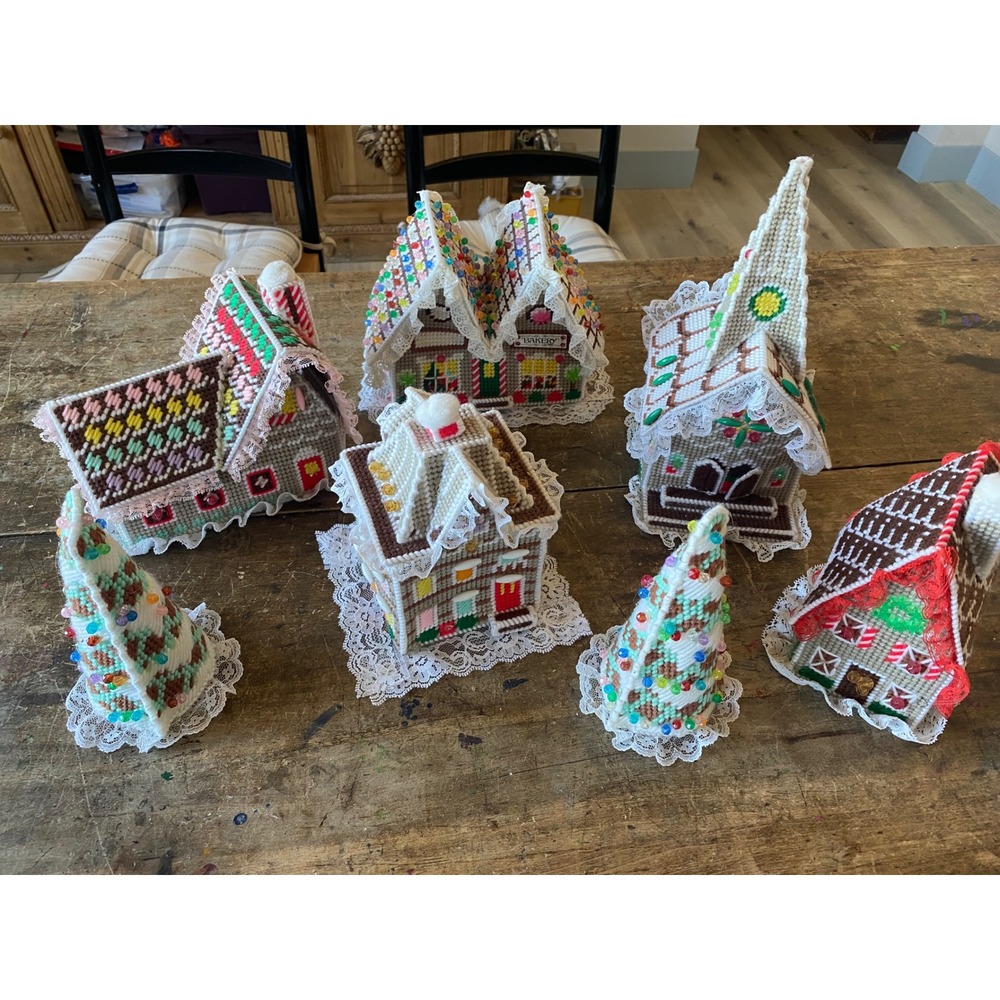 Vintage 80s Handmade Plastic Canvas Christmas Village Gingerbread House Set 12pc
